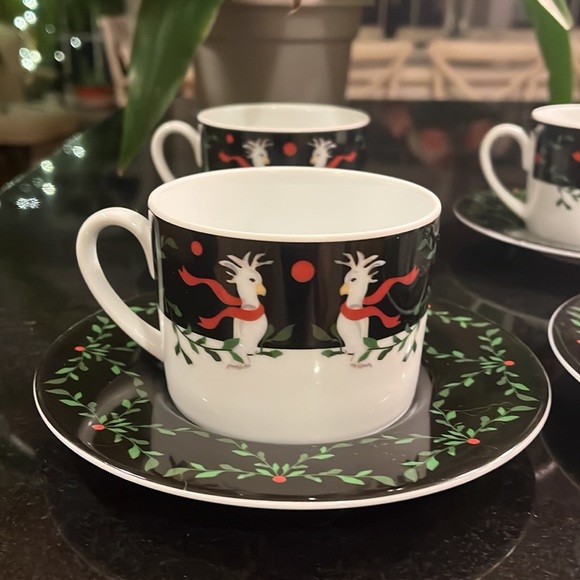 Cocky Twos Holiday Cup & Saucer - Bridget Dobson - Set of 4 - Picture 2 of 13